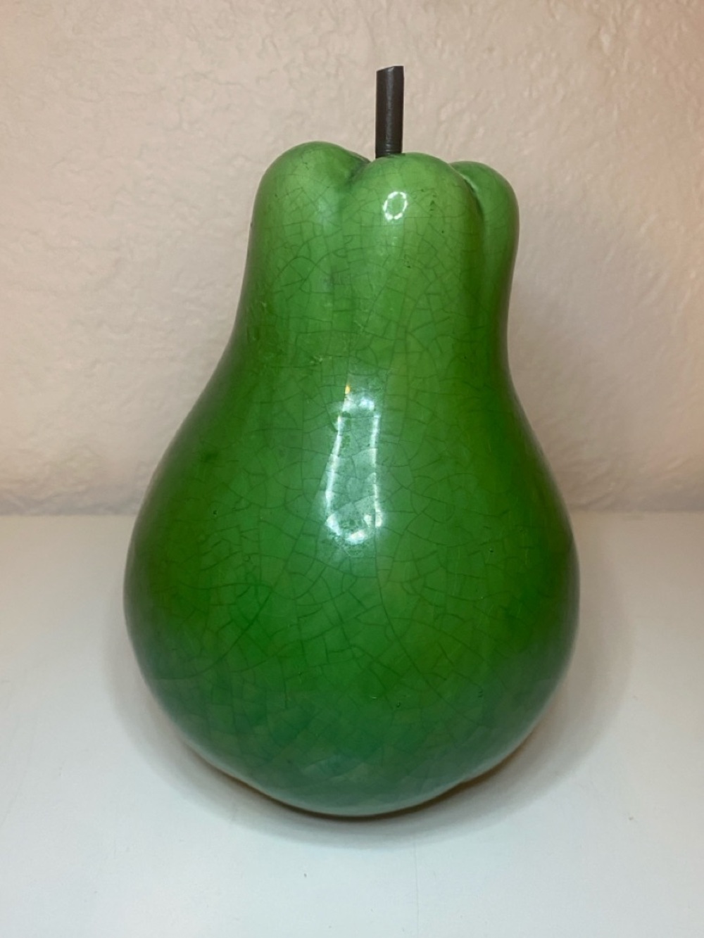 Vintage Large Green Majolica Ceramic Pear Figurine Crackle Glaze Fruit Decor